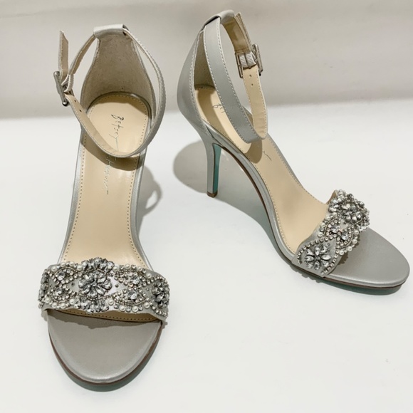 Betsey Johnson Gina Jeweled Ankle Strap Dress Sandals Silver Satin Stiletto Heel - Picture 7 of 12